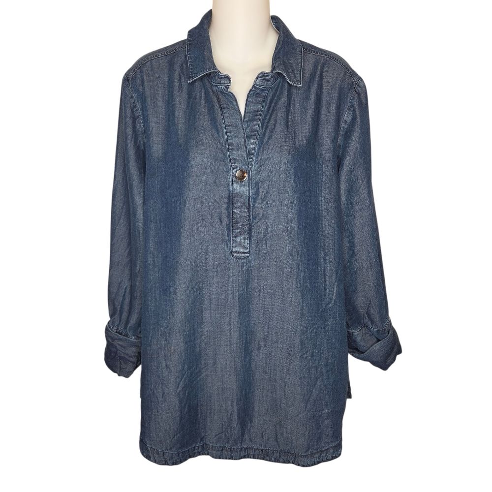 Chico's Pull Over Cuffed Sleeve Denim Jean Top Blouse 2 12/14